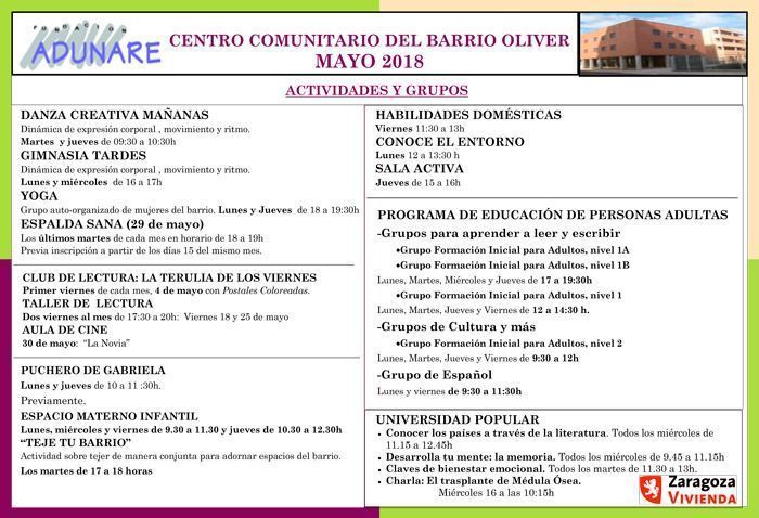 Centro Comunitario Oliver: Actividades de mayo 2018